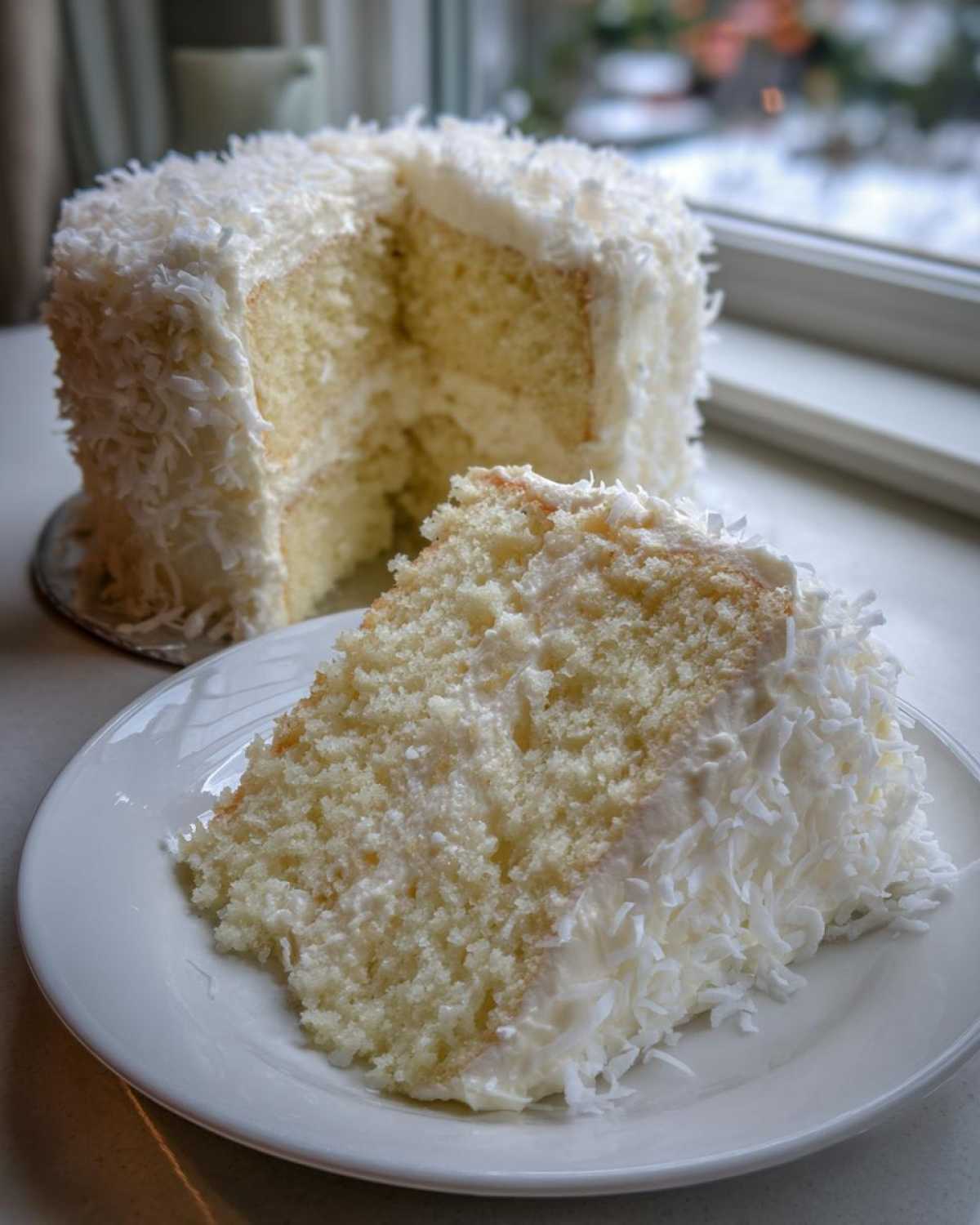A generous slice of moist coconut cake covered in white frosting and shredded coconut flakes sits before the rest of the coconut cake.
