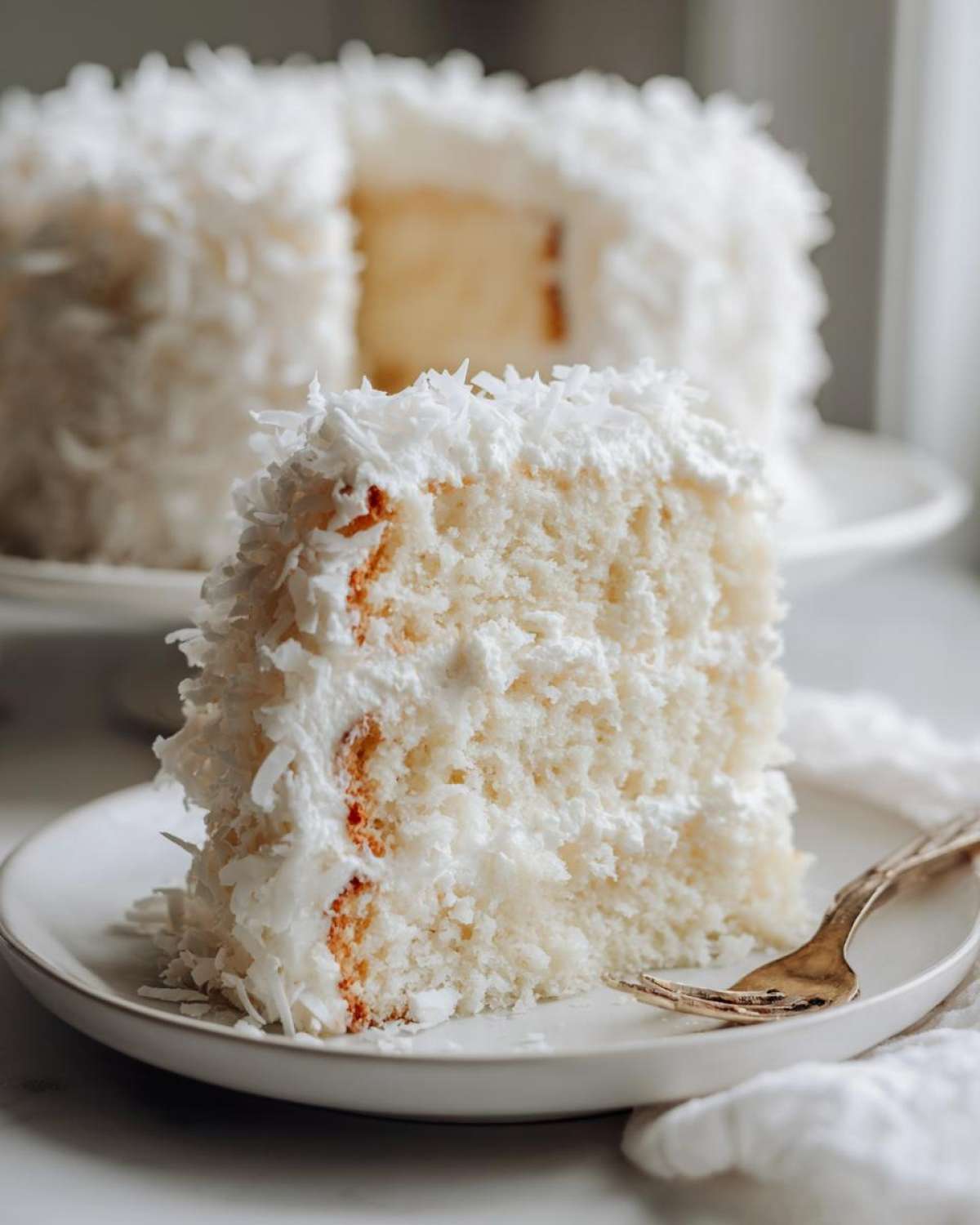 A close-up shot of a moist slice of 3-layer coconut cake covered in white frosting and shredded coconut.