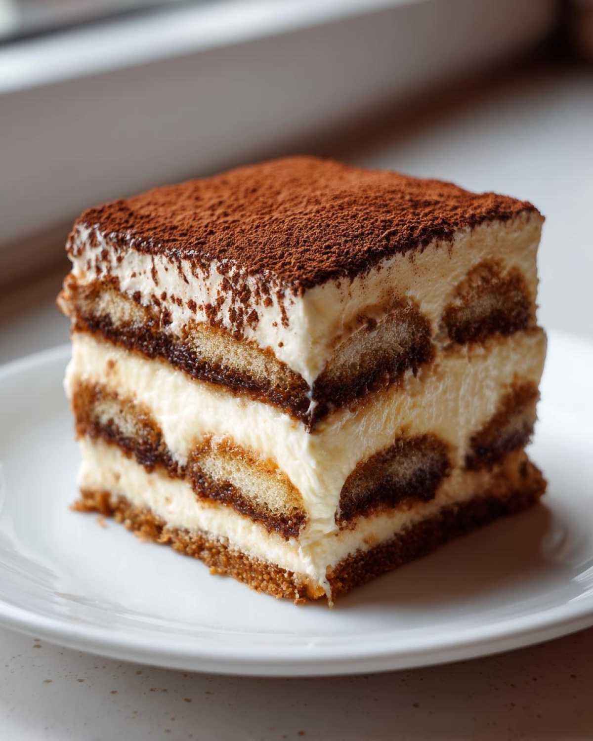 A perfect square slice of creamy, layered tiramisu recipe dusted heavily with cocoa powder.