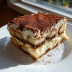 A decadent slice of tiramisu recipe showing layers of cream, coffee-soaked ladyfingers, and a heavy dusting of cocoa powder.