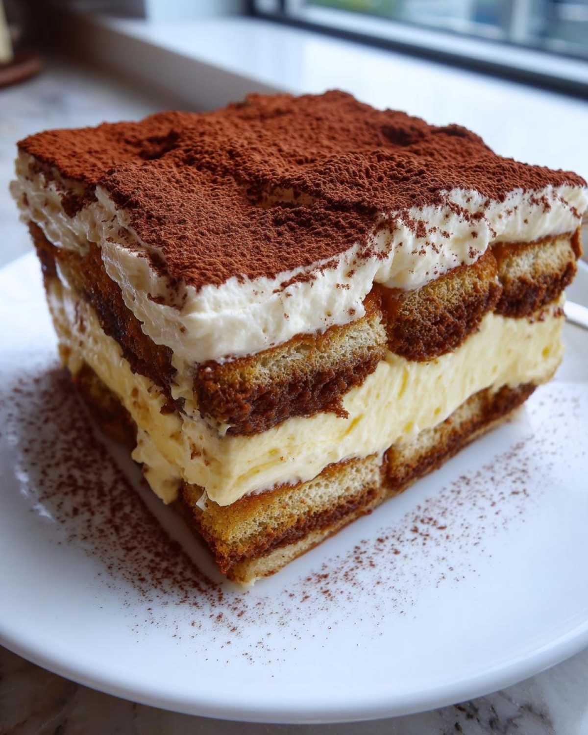 A perfect square slice of layered tiramisu recipe featuring ladyfingers, creamy mascarpone, and a heavy dusting of cocoa powder.