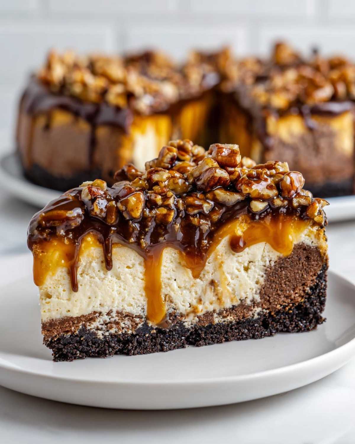 Close-up of a slice of turtle cheesecake featuring a dark crust, creamy filling, caramel, chocolate drizzle, and candied pecans.