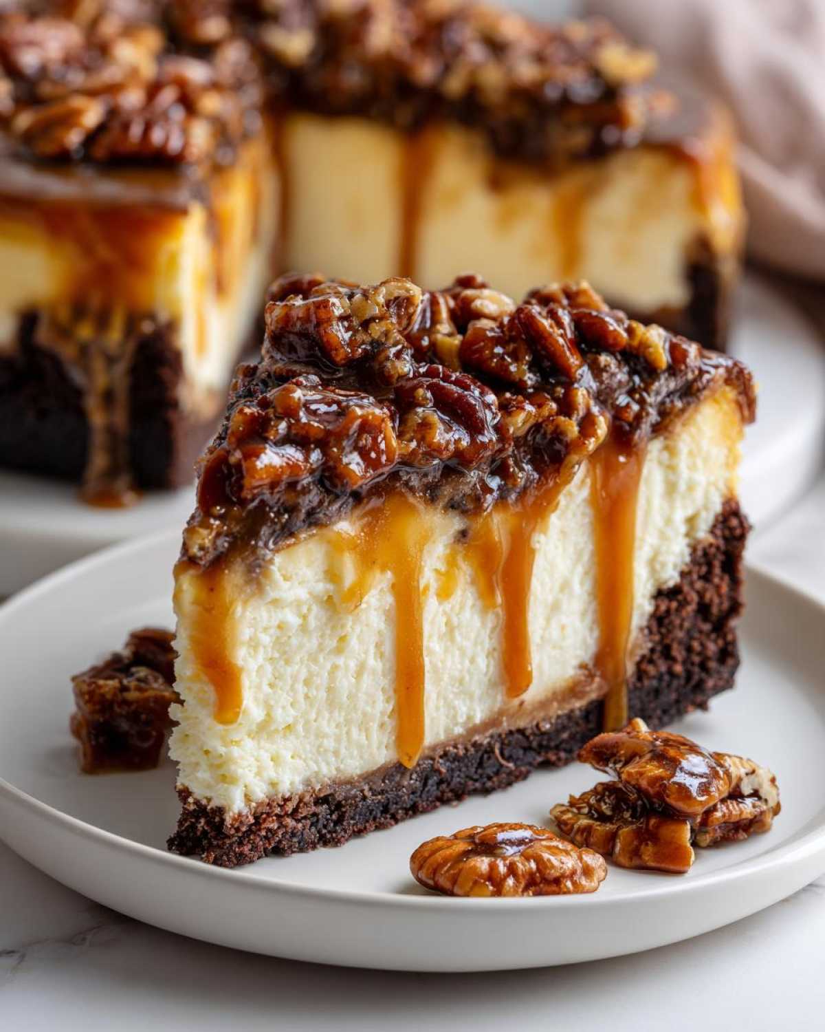 A decadent slice of turtle cheesecake featuring a thick chocolate crust, creamy filling, and dripping caramel pecan topping.