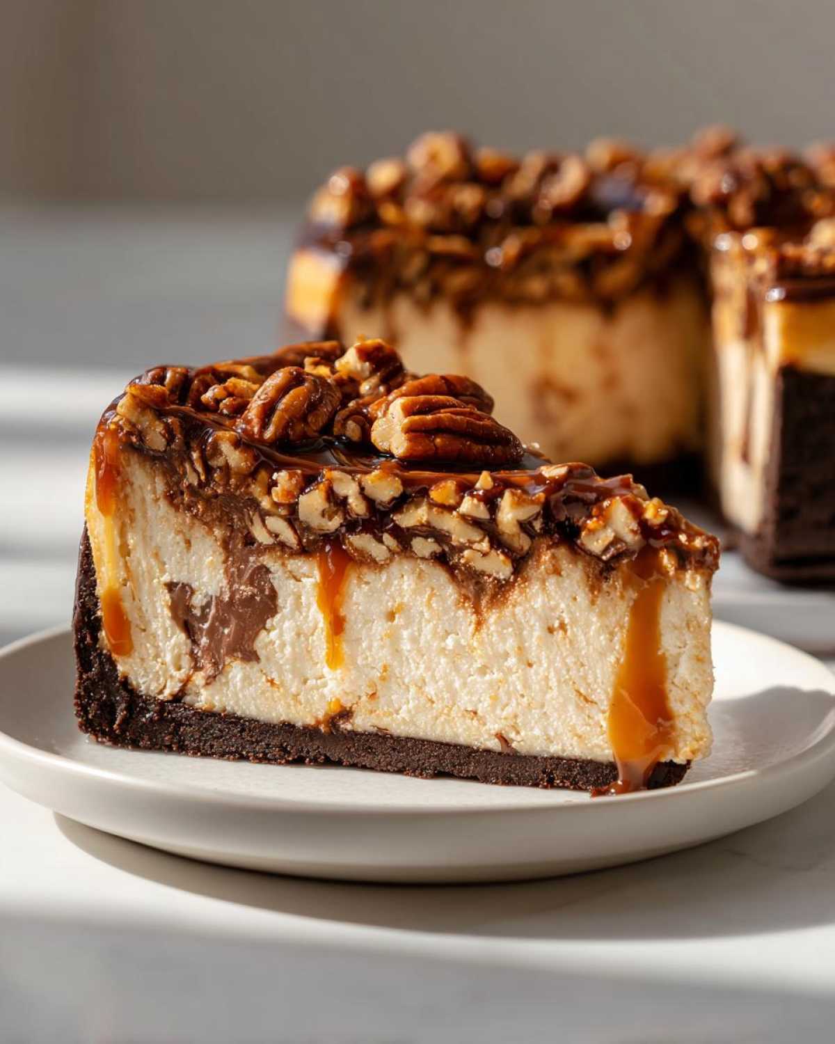 A close-up slice of rich turtle cheesecake featuring a dark crust, creamy filling, and a topping of pecans, chocolate, and dripping caramel sauce.