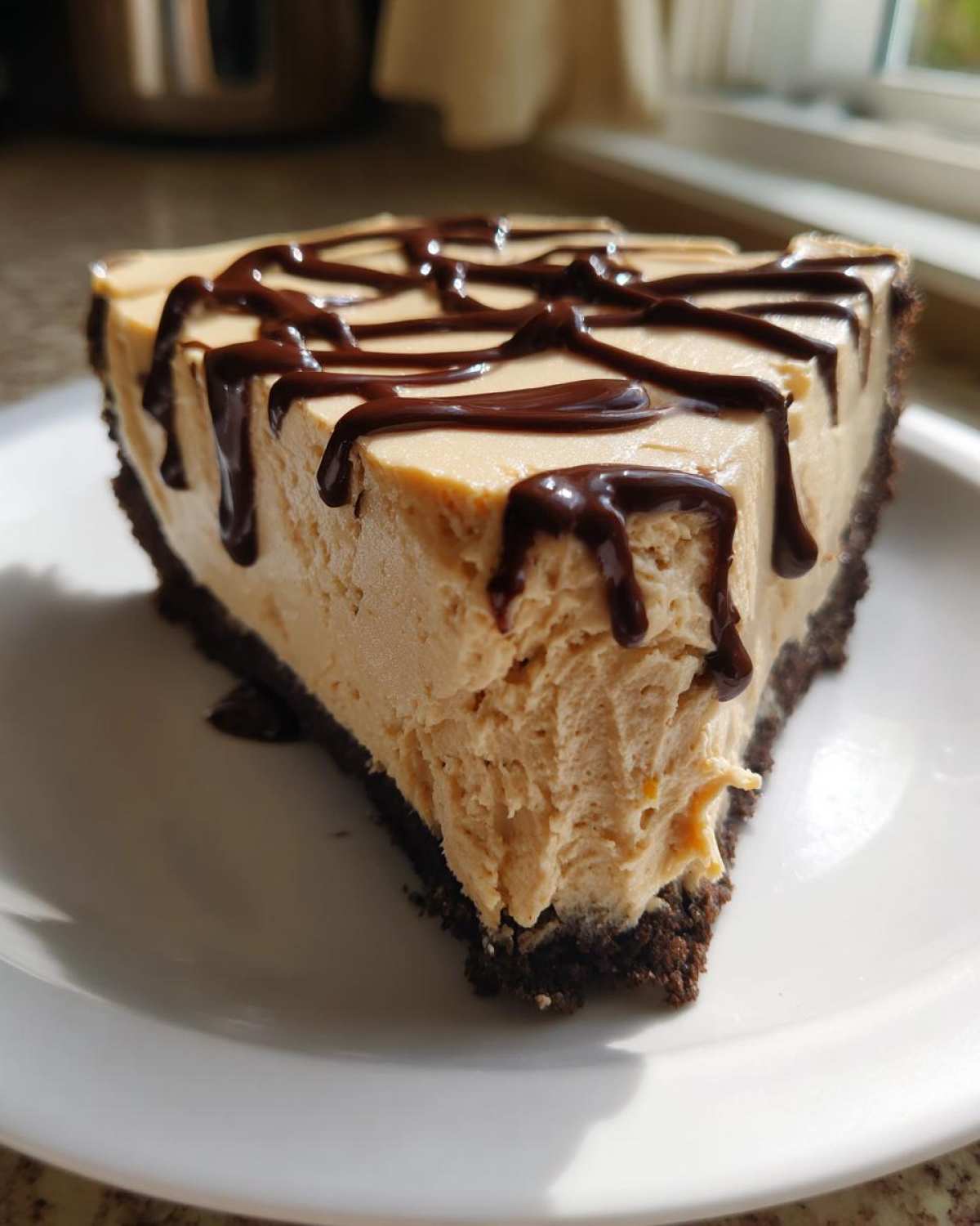 A creamy slice of peanut butter pie with a dark chocolate crust and chocolate syrup drizzled on top.