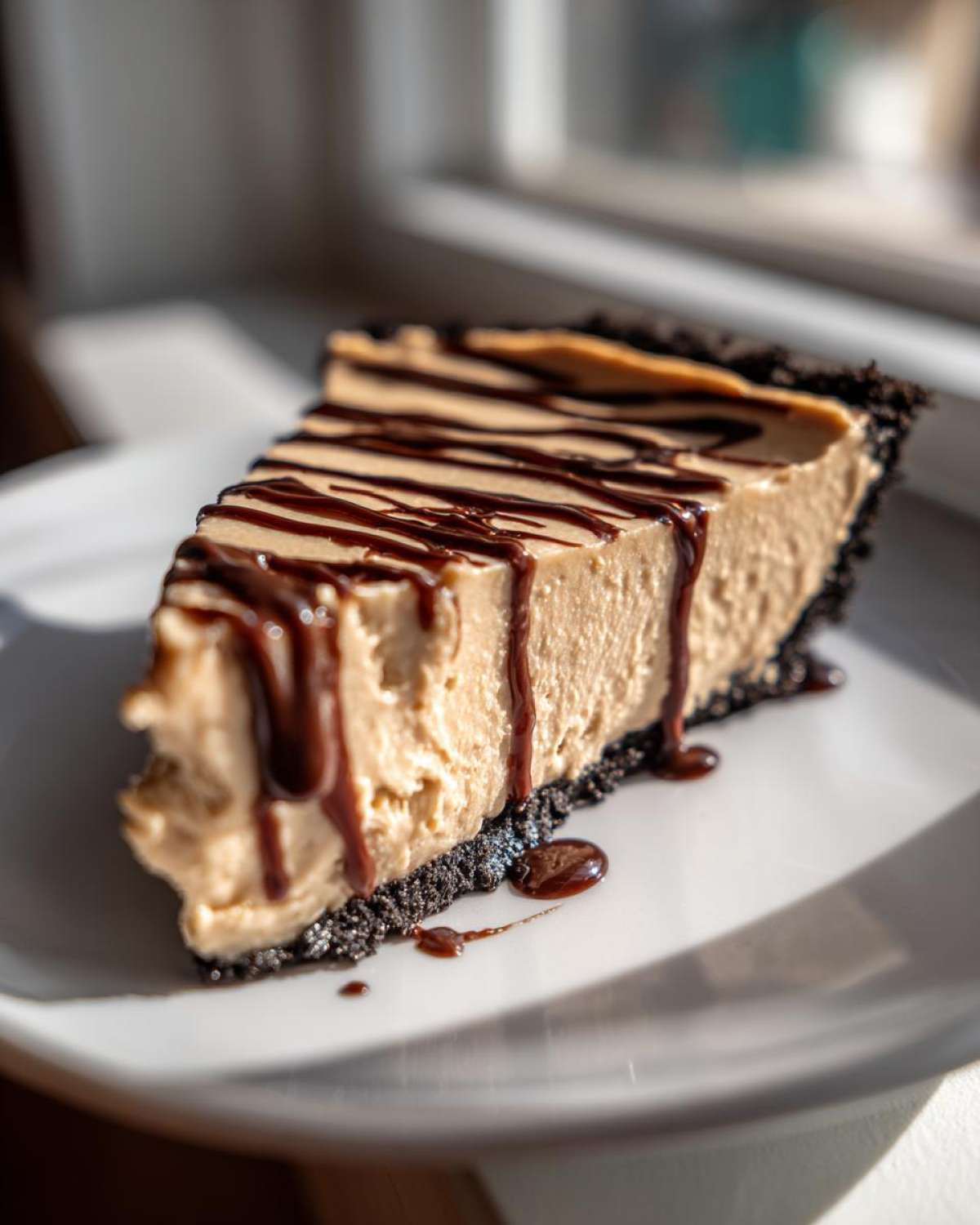 A close-up of a thick slice of creamy peanut butter pie with a dark cookie crust, drizzled with chocolate sauce.