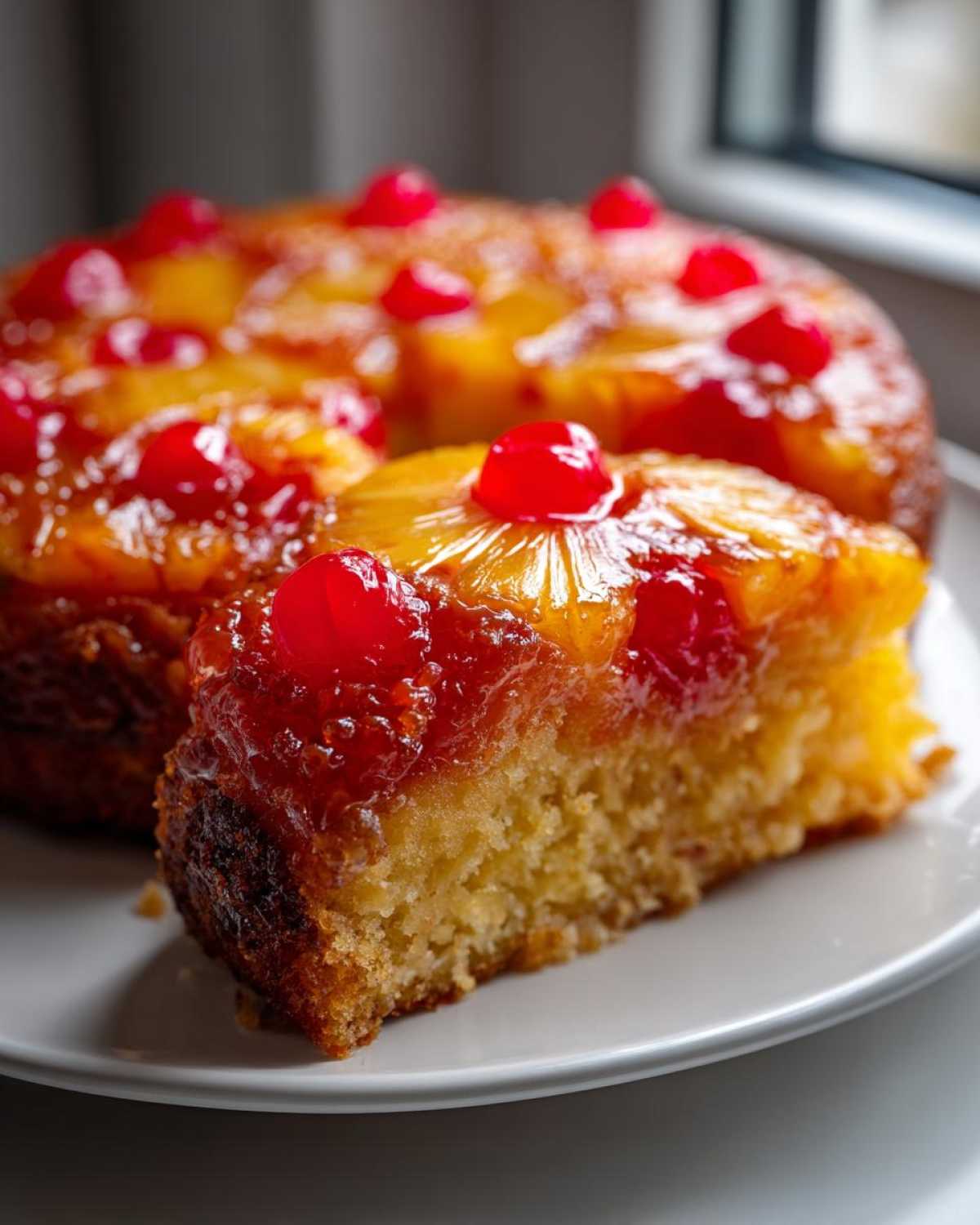 Close-up of a moist slice of pineapple upside down cake topped with caramelized pineapple rings and bright red maraschino cherries.