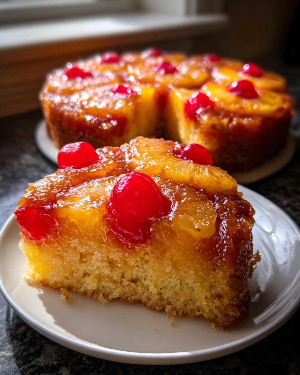 A close-up of a slice of pineapple upside down cake topped with caramelized pineapple and bright red cherries.