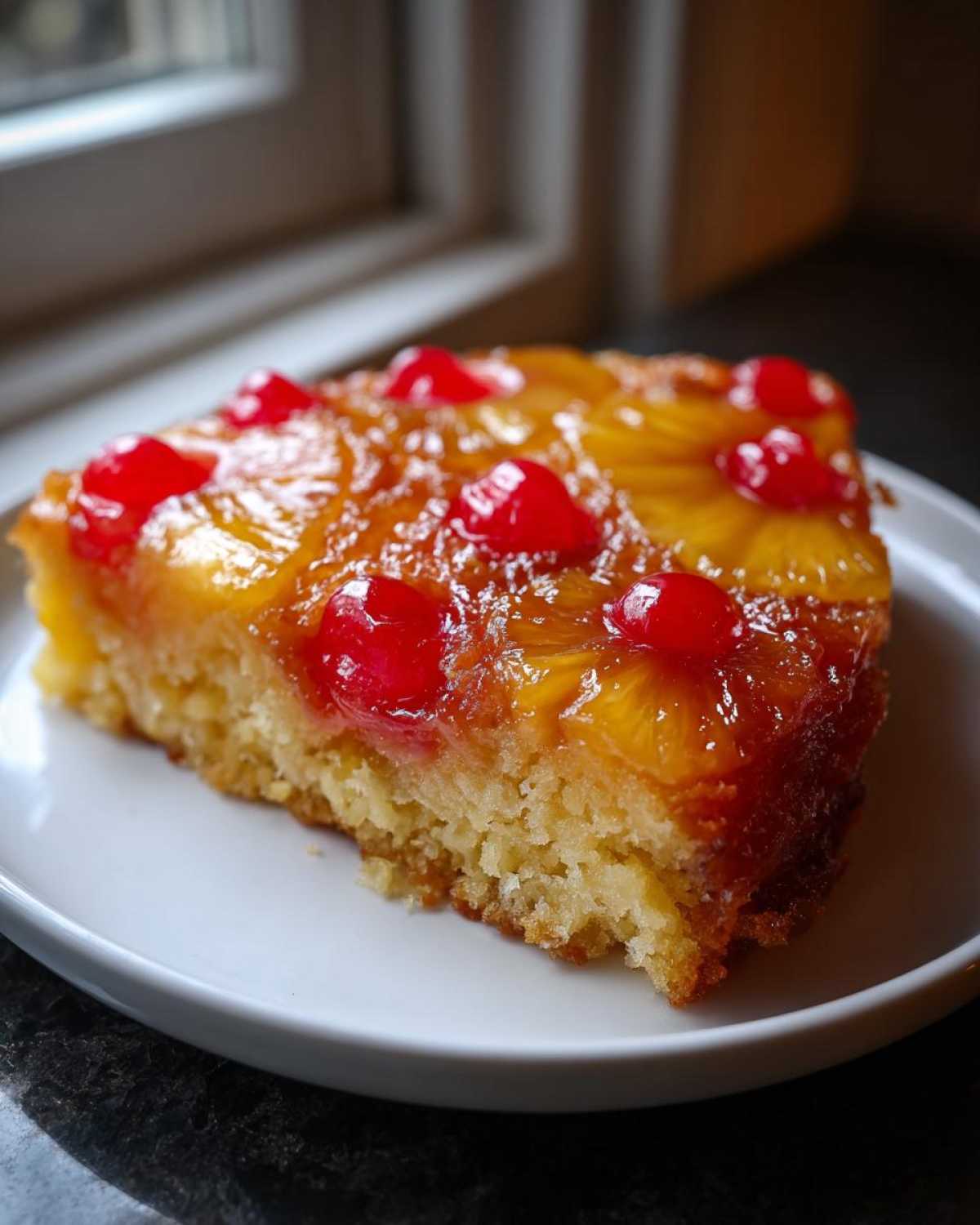A moist slice of pineapple upside down cake topped with caramelized pineapple rings and bright red maraschino cherries.