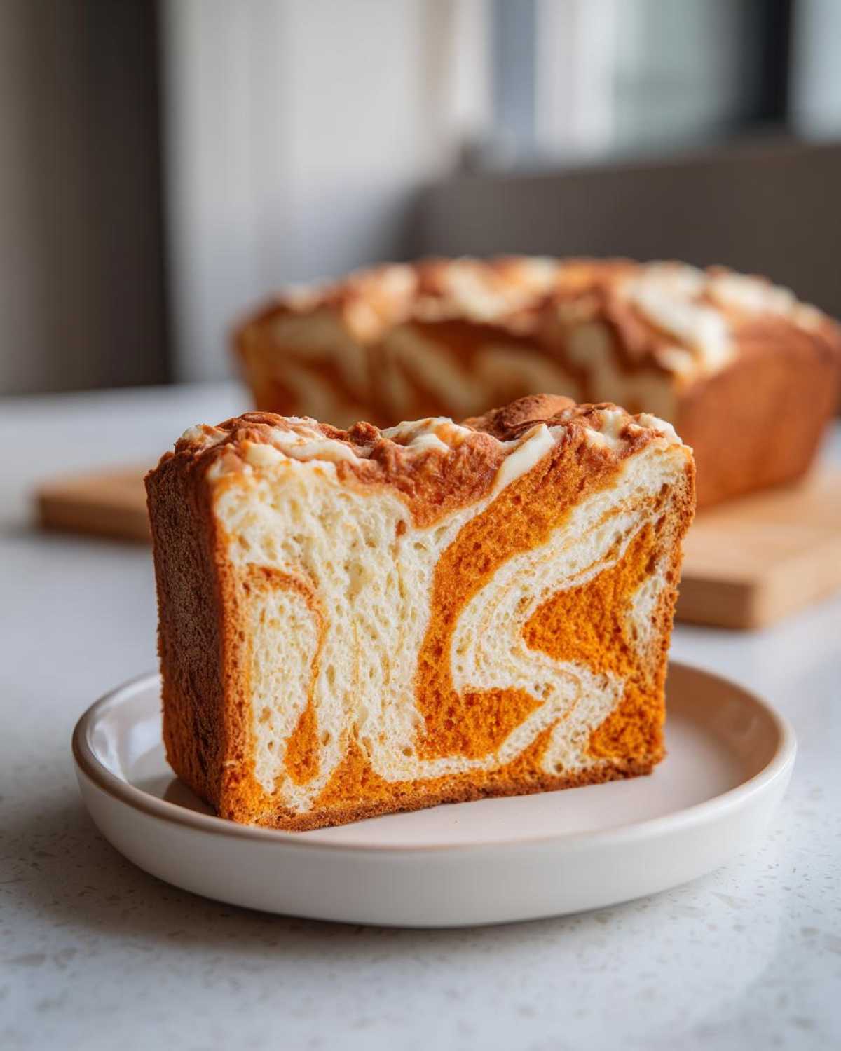 A thick slice of pumpkin cream cheese bread showing beautiful orange and white swirls on a small plate.