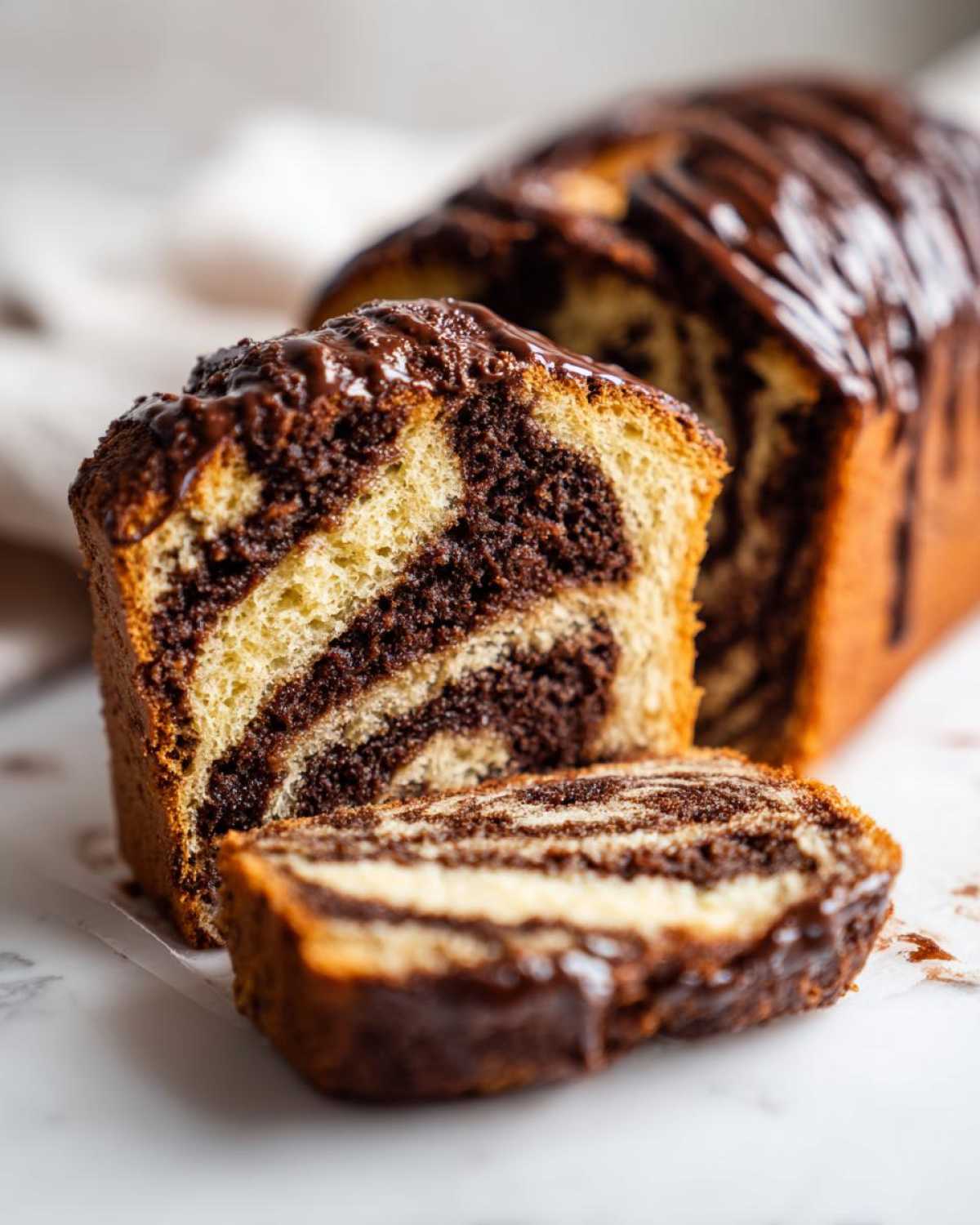 Close-up of a sliced chocolate babka showing beautiful dark chocolate swirls inside the golden bread, topped with a chocolate glaze.