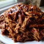 A close-up view of a generous mound of saucy, shredded Slow Cooker Pulled Pork piled high on a white plate.