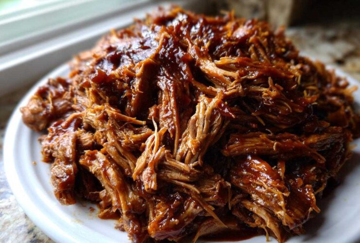 A close-up view of a generous mound of saucy, shredded Slow Cooker Pulled Pork piled high on a white plate.