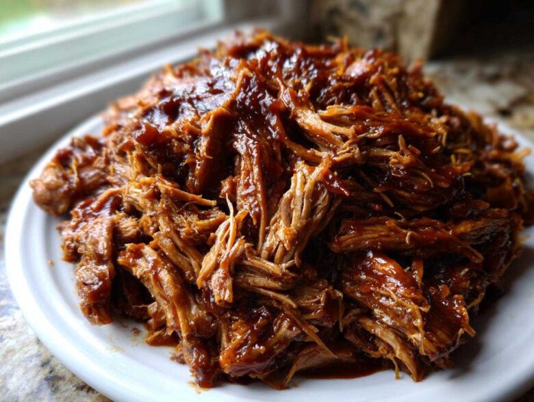 A close-up view of a generous mound of saucy, shredded Slow Cooker Pulled Pork piled high on a white plate.