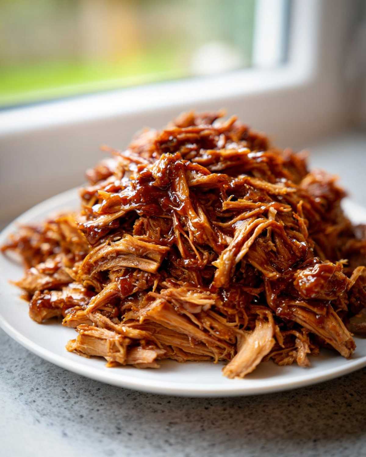 A close-up of a generous mound of saucy Slow Cooker Pulled Pork piled high on a white plate near a window.