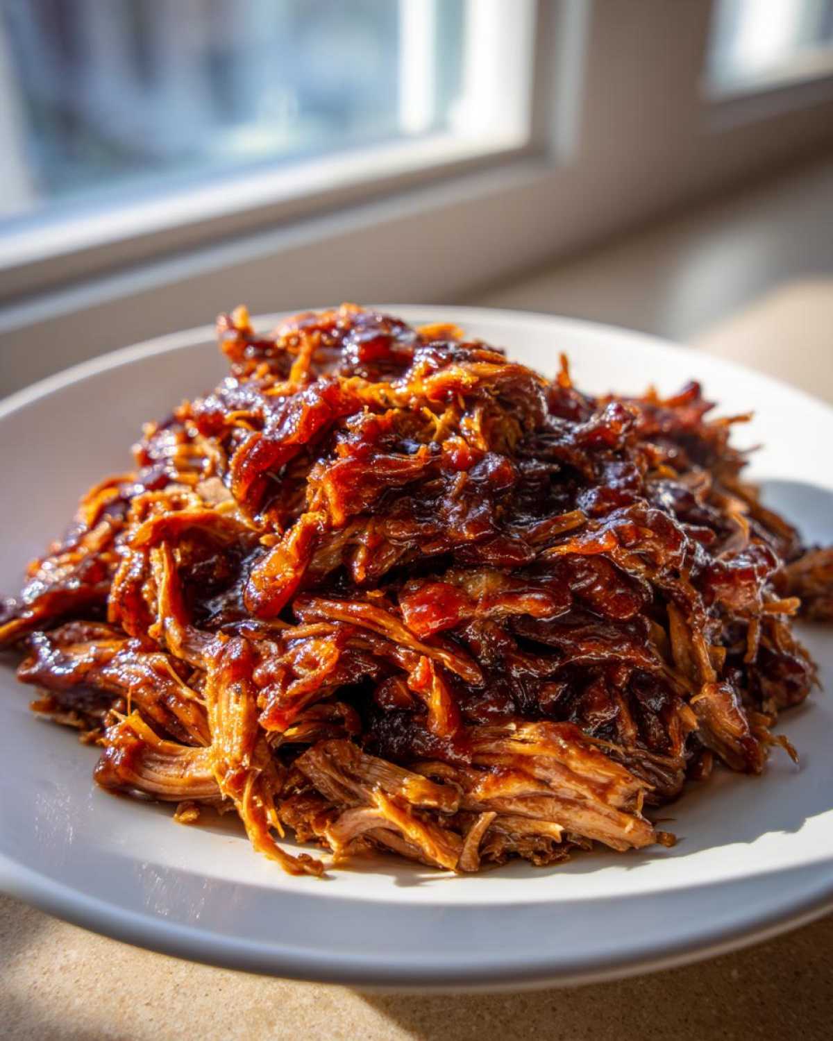 A close-up of saucy, shredded Slow Cooker Pulled Pork piled high on a white plate, backlit by a window.