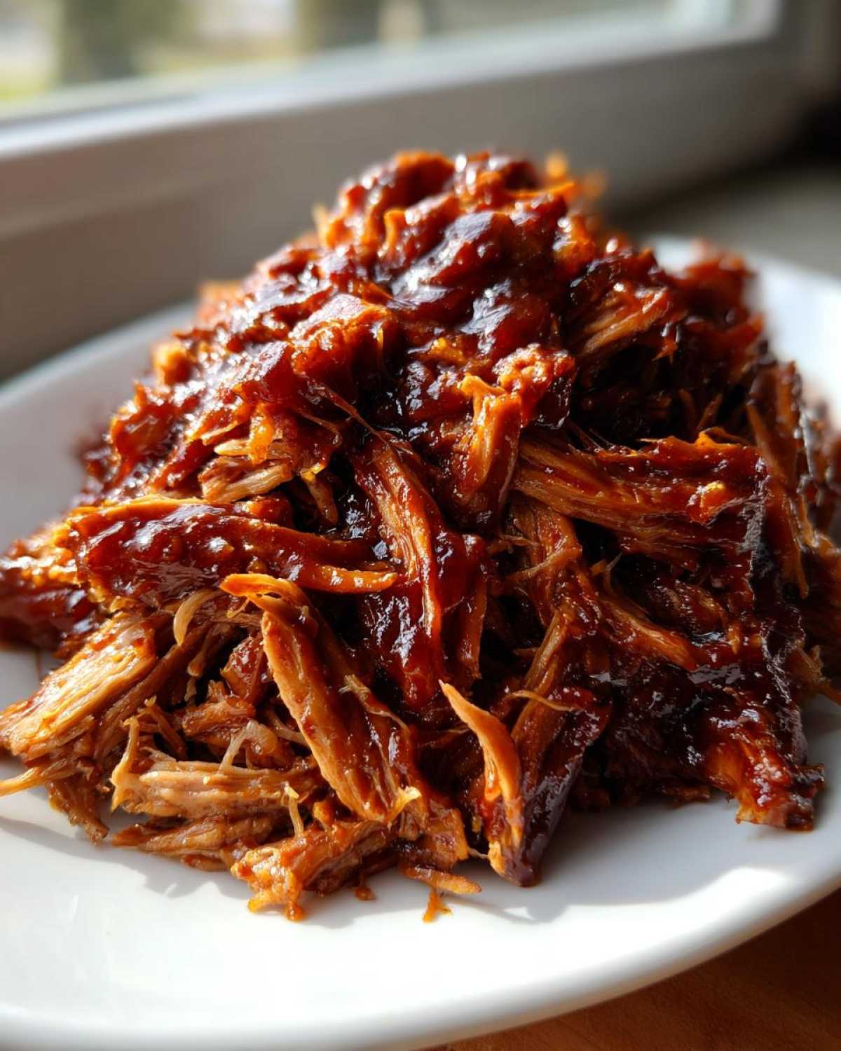 Close-up of tender, shredded Slow Cooker Pulled Pork heavily coated in dark barbecue sauce on a white plate.