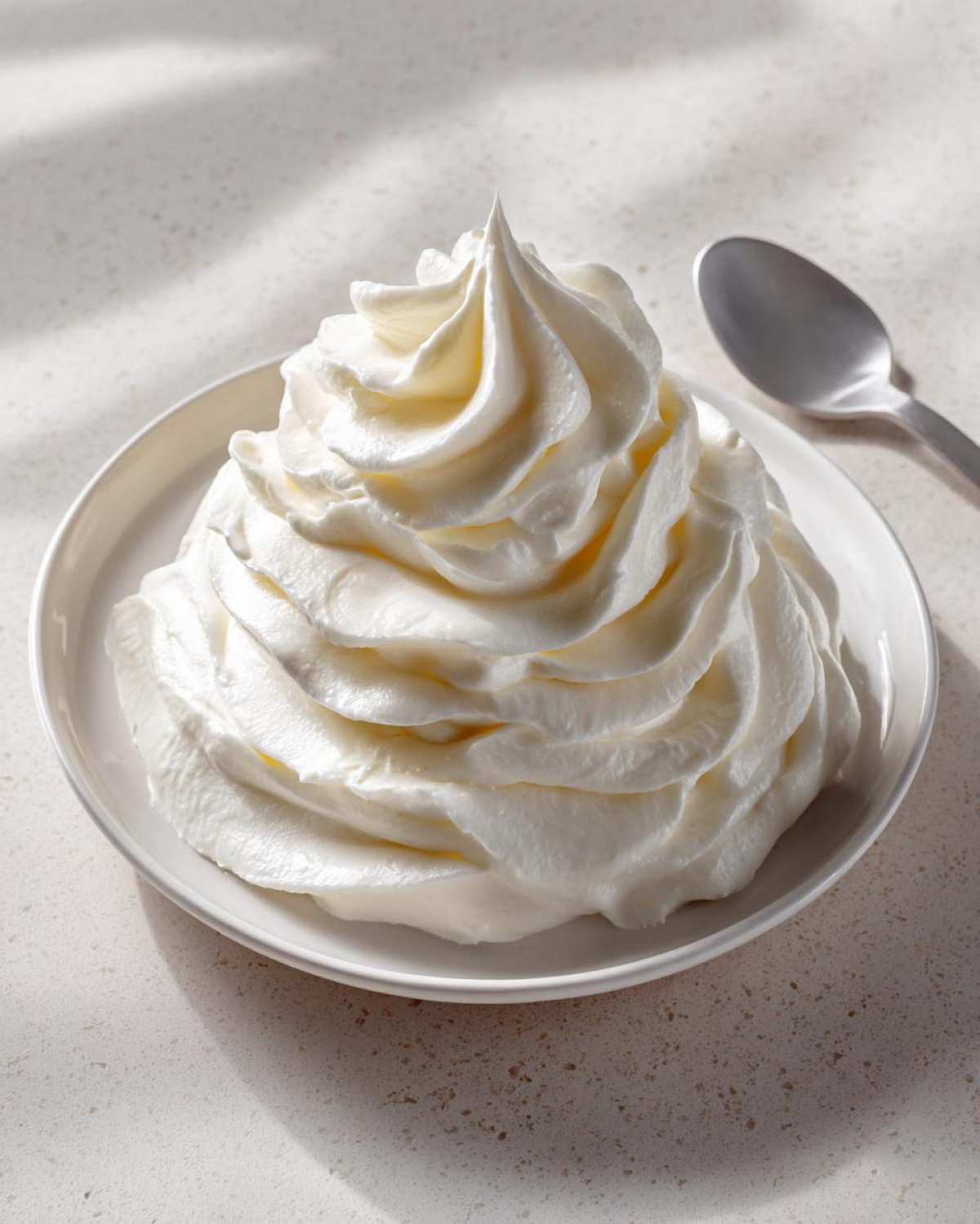 A perfect swirl of smooth cream cheese frosting piled high on a white plate next to a spoon.