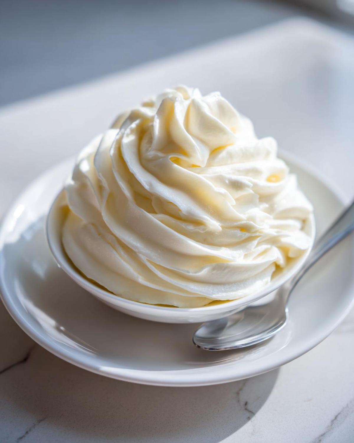 A close-up of perfectly piped, smooth cream cheese frosting served in a small white bowl with a spoon.