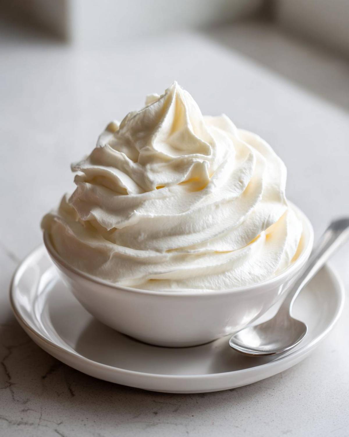 A close-up of perfectly swirled, smooth cream cheese frosting served in a small white bowl with a spoon.