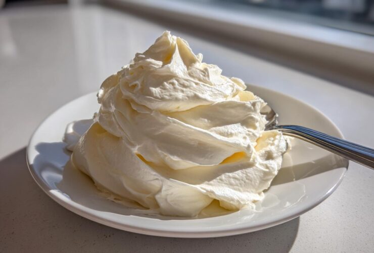 A generous swirl of smooth, white cream cheese frosting piled high on a small white plate with a spoon.