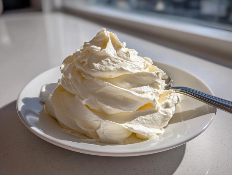 A generous swirl of smooth, white cream cheese frosting piled high on a small white plate with a spoon.