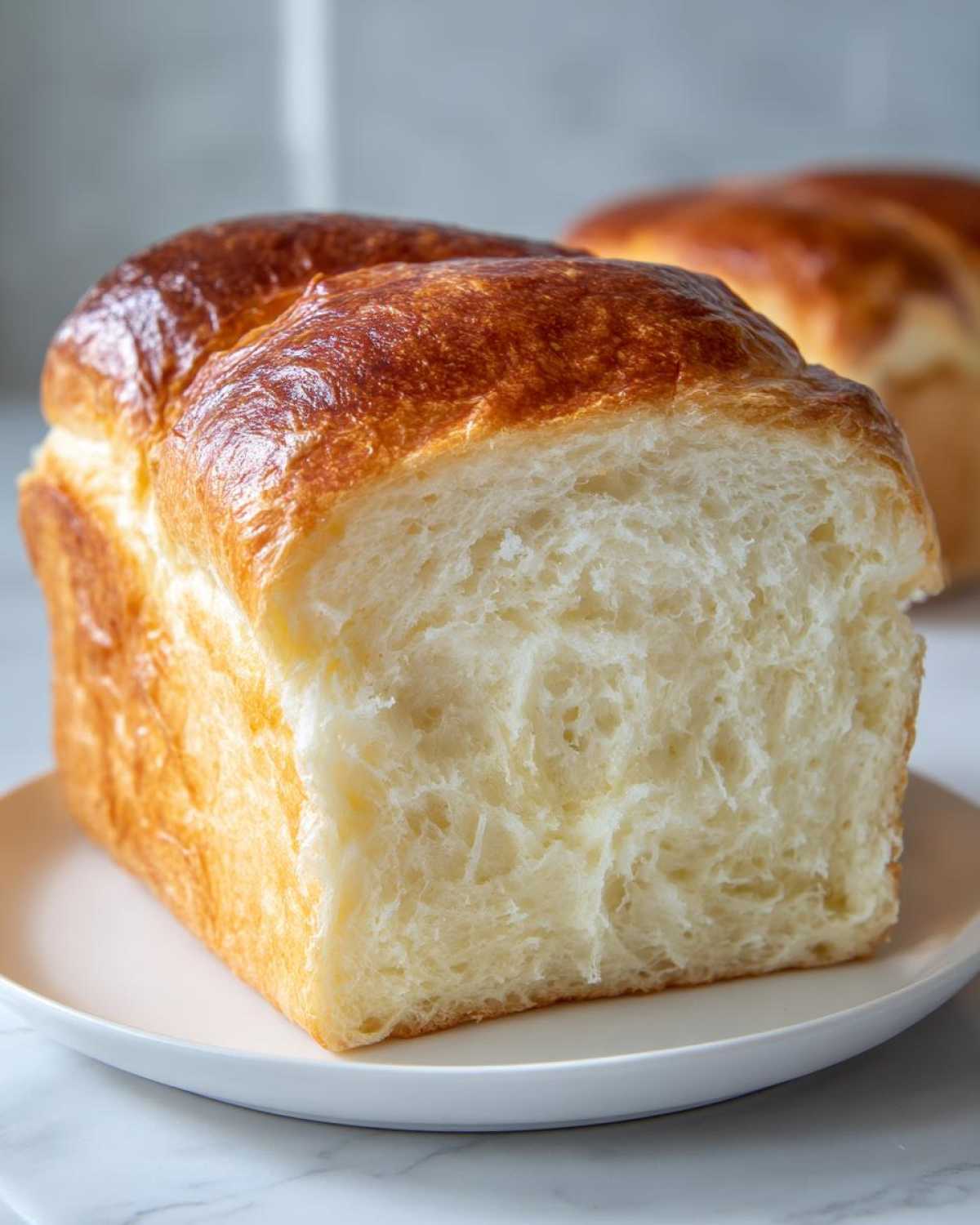 Close-up of a freshly baked condensed milk bread loaf, showing its fluffy white interior and golden-brown crust.