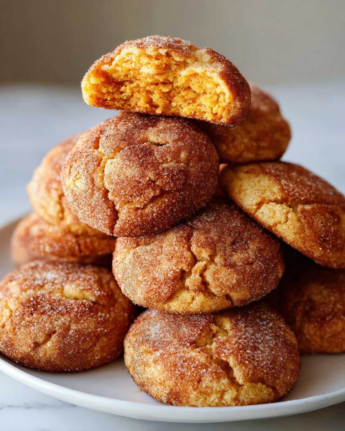 A tall stack of soft pumpkin snickerdoodle cookies coated in cinnamon sugar, with the top cookie broken open to show the texture.