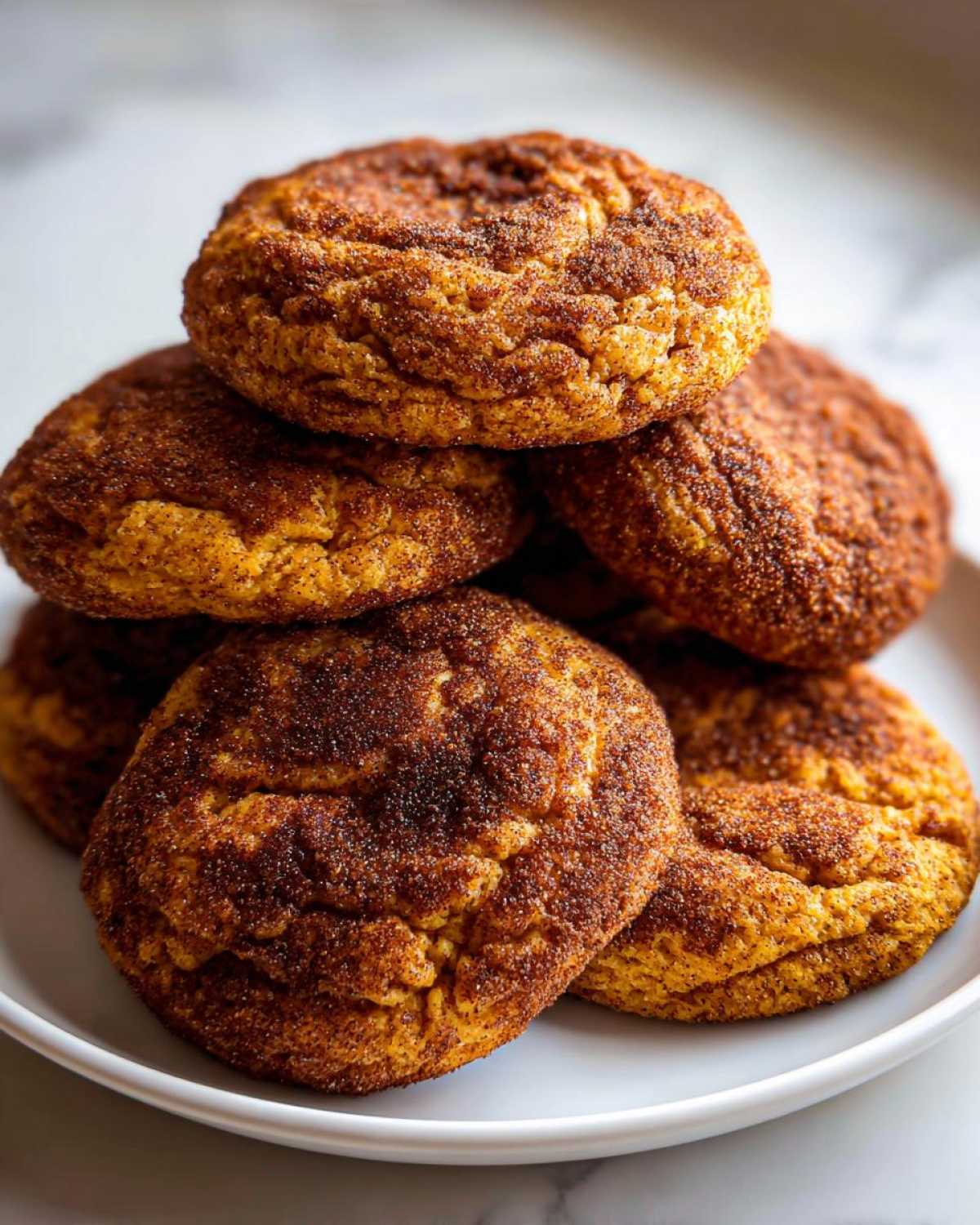 A close-up stack of soft pumpkin snickerdoodle cookies coated in cinnamon sugar.