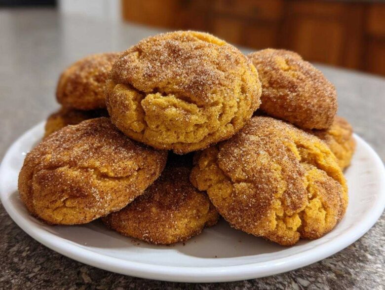 A close-up stack of soft, orange pumpkin snickerdoodle cookies heavily coated in cinnamon sugar, resting on a white plate.