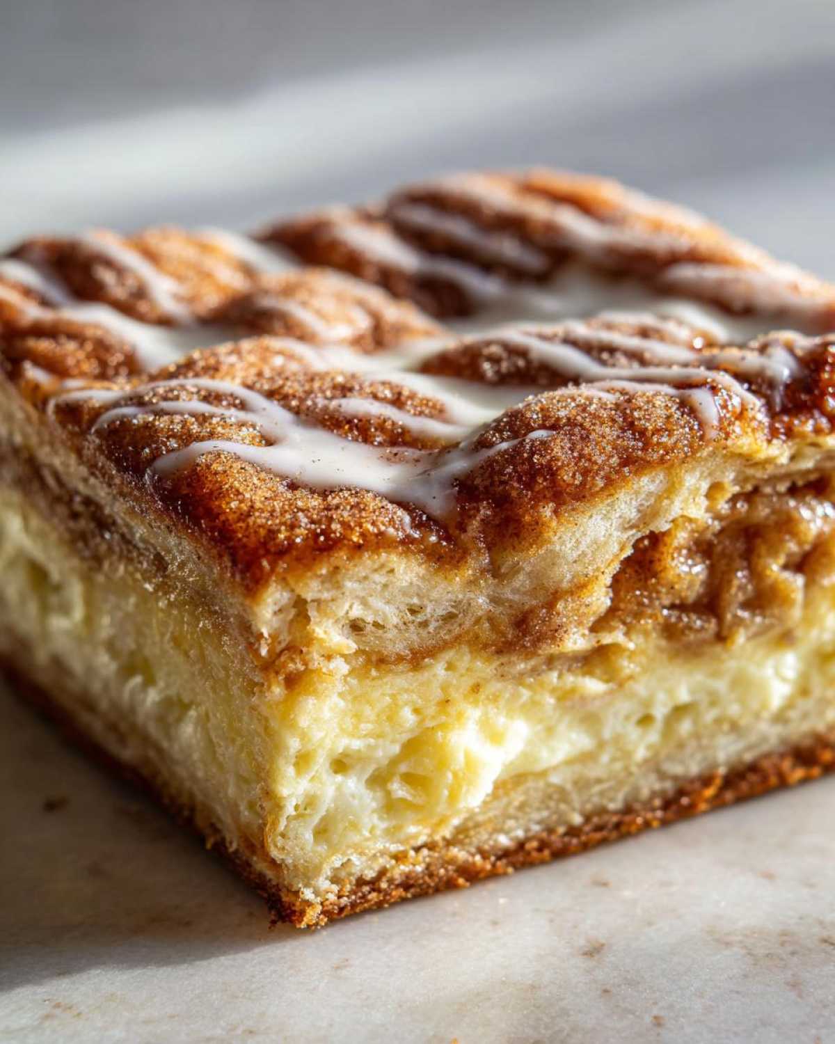 A close-up, cross-section view of a single square of sopapilla cheesecake showing layers and creamy filling.