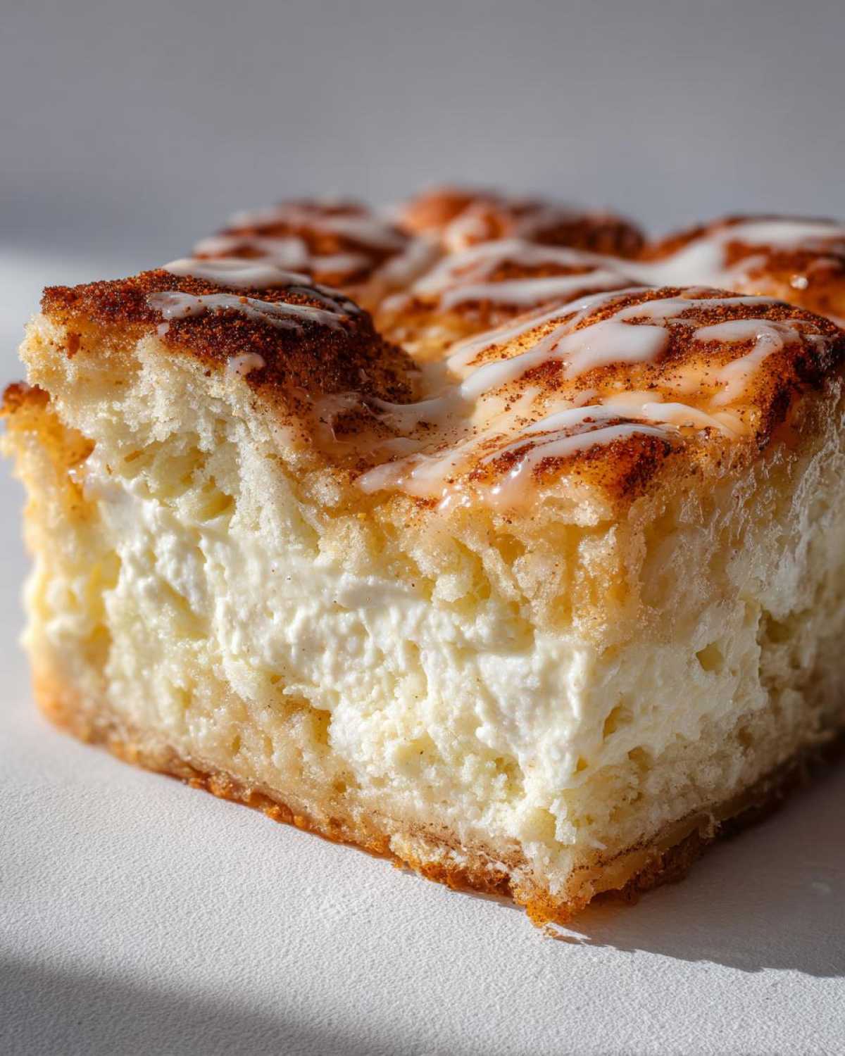 A close-up, cross-section view of a rich sopapilla cheesecake square with a thick cream cheese layer and cinnamon topping.