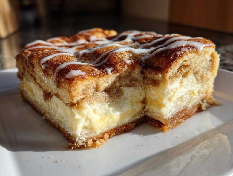 A close-up of a square slice of sopapilla cheesecake showing the thick cream cheese layer and cinnamon topping with white icing drizzle.