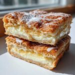 Close-up of two stacked squares of sopapilla cheesecake, showing flaky layers and creamy filling.