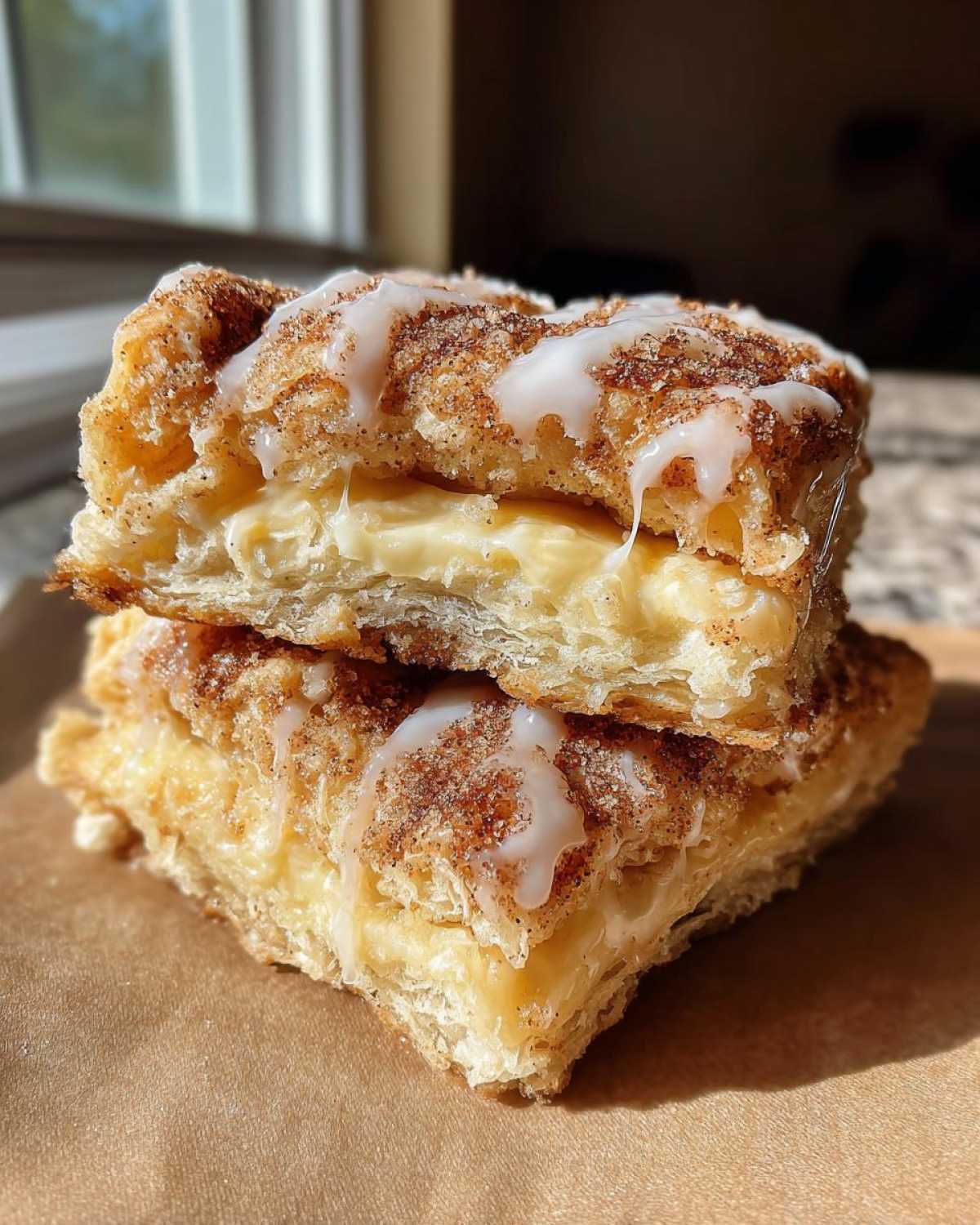 Two stacked squares of flaky sopapilla cheesecake filled with cream cheese, topped with cinnamon sugar and vanilla glaze.