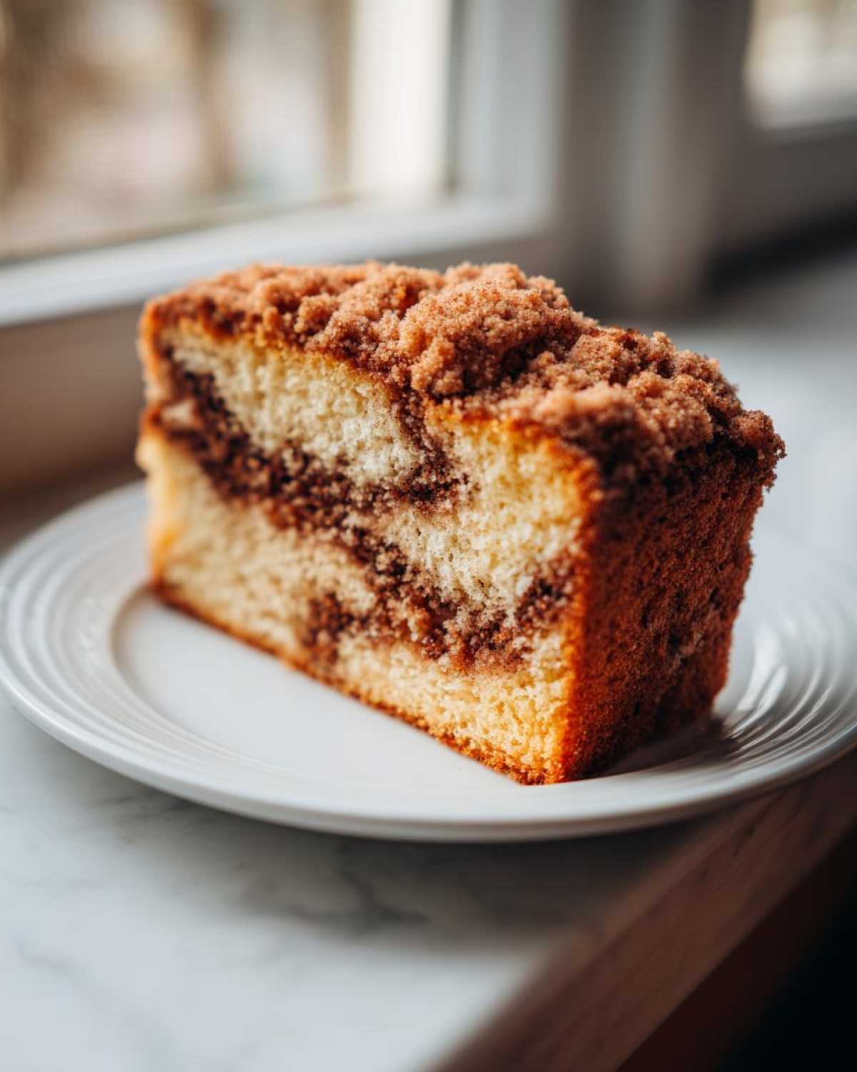 Close-up of a moist slice of sour cream coffee cake featuring a cinnamon swirl and thick crumb topping on a white plate.