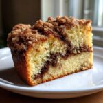 Close-up of a moist slice of sour cream coffee cake showing a rich cinnamon swirl and crumb topping.