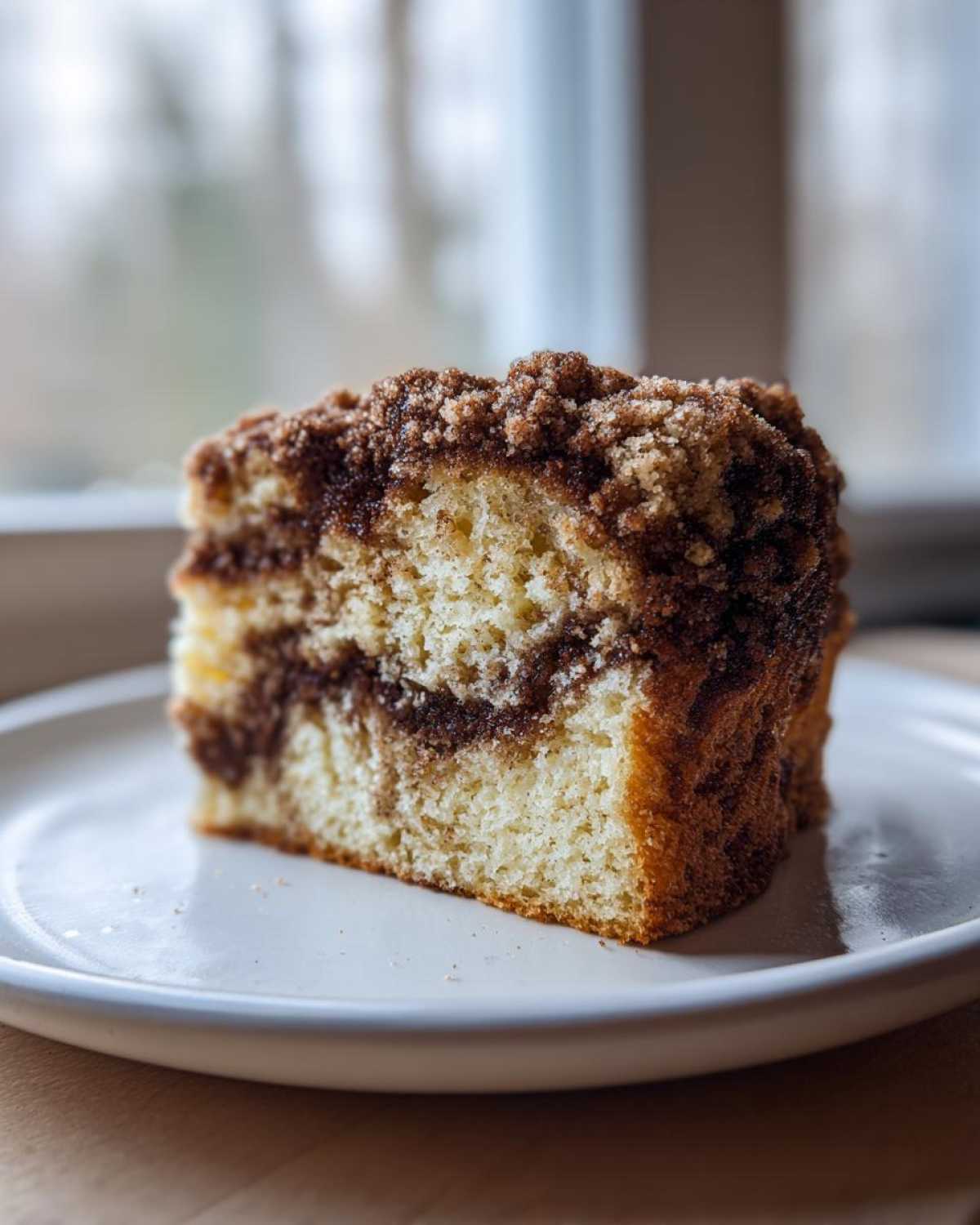 A close-up of a moist slice of sour cream coffee cake featuring a thick cinnamon swirl and streusel topping.