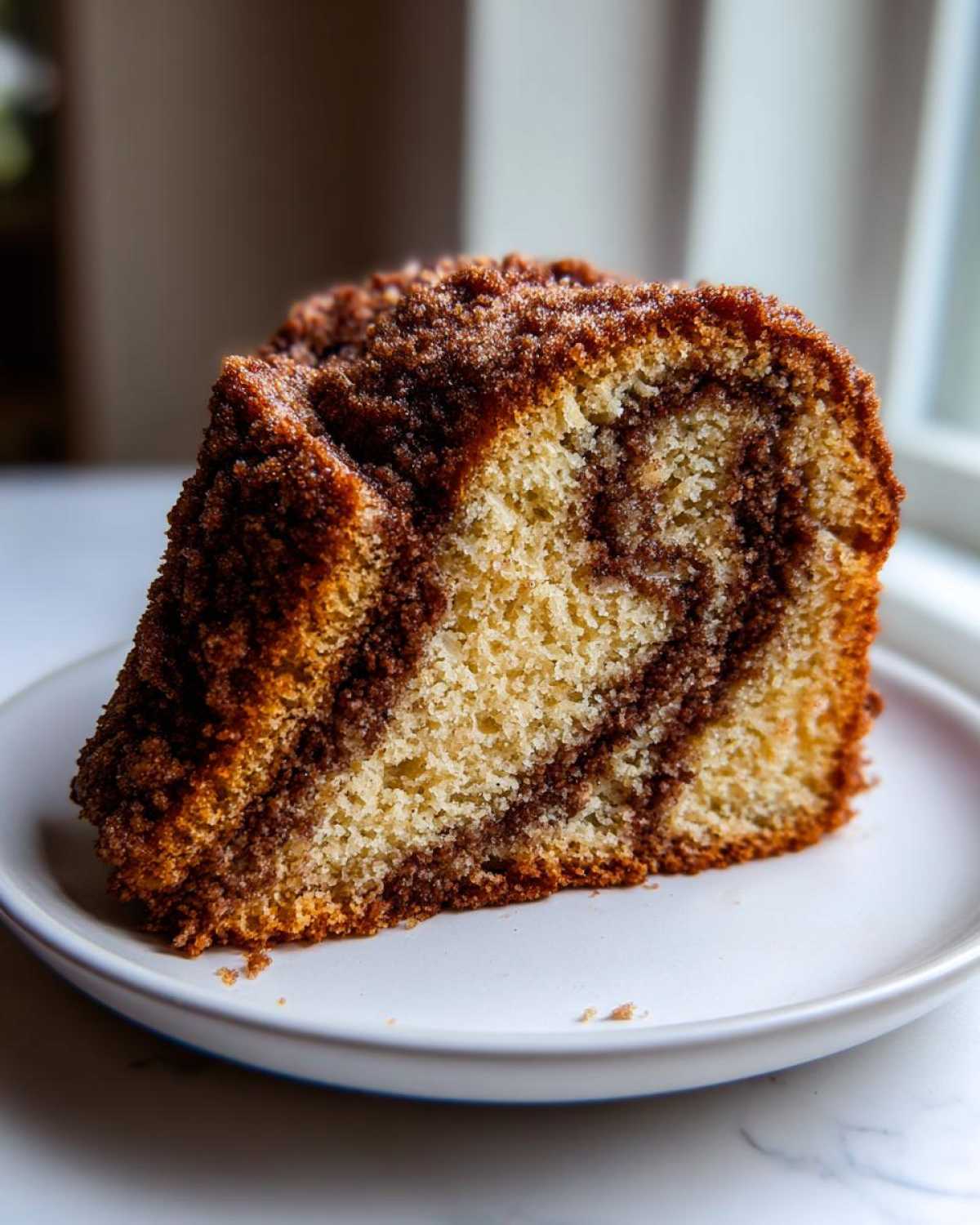 A close-up of a moist slice of sour cream coffee cake showing a rich cinnamon swirl and crumbly streusel topping.