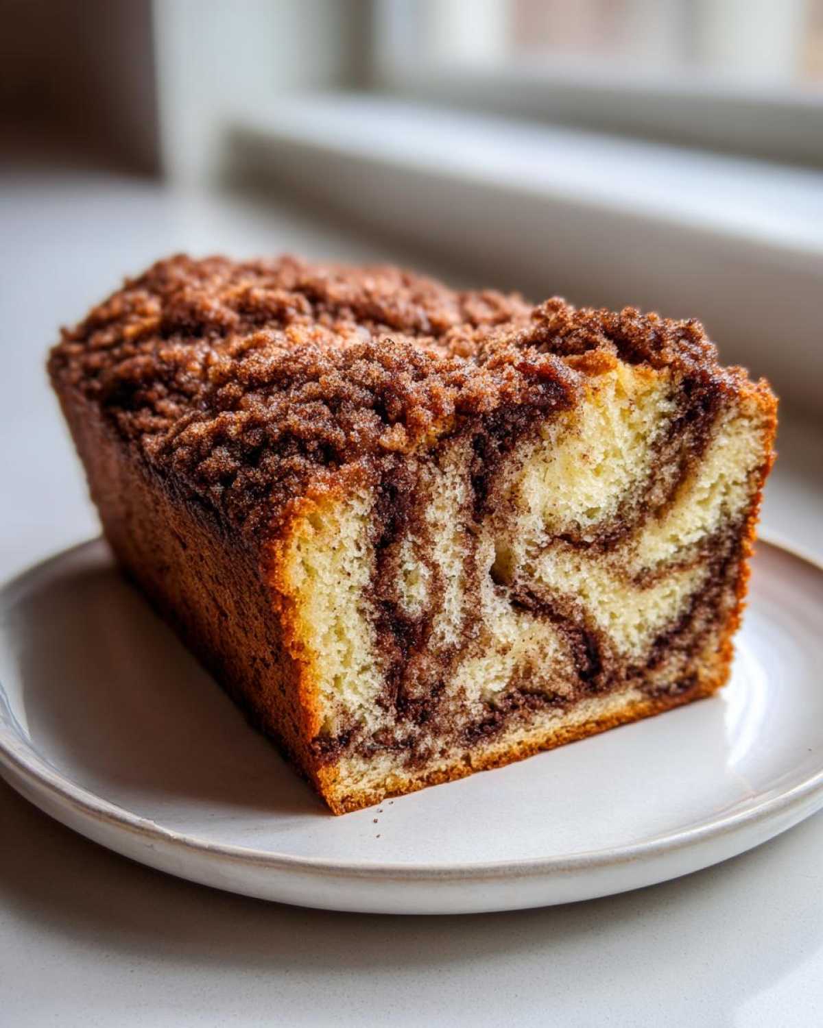 A thick slice of sour cream coffee cake featuring a rich cinnamon swirl and crumb topping.