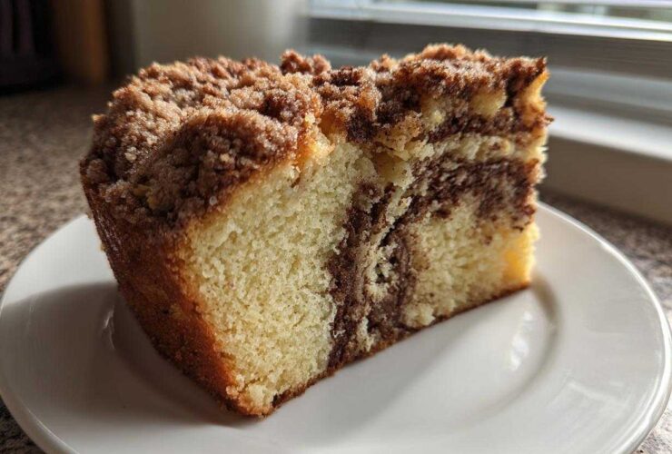A close-up slice of moist sour cream coffee cake featuring a cinnamon swirl and thick streusel topping.