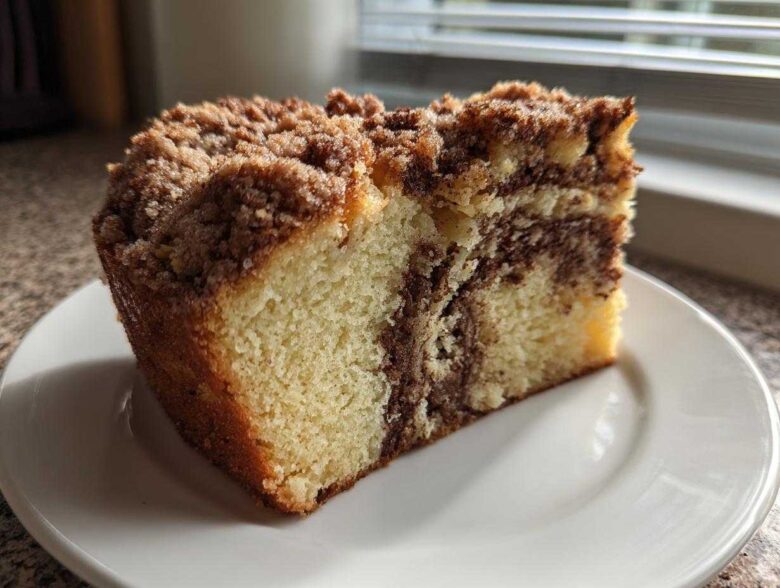 A close-up slice of moist sour cream coffee cake featuring a cinnamon swirl and thick streusel topping.