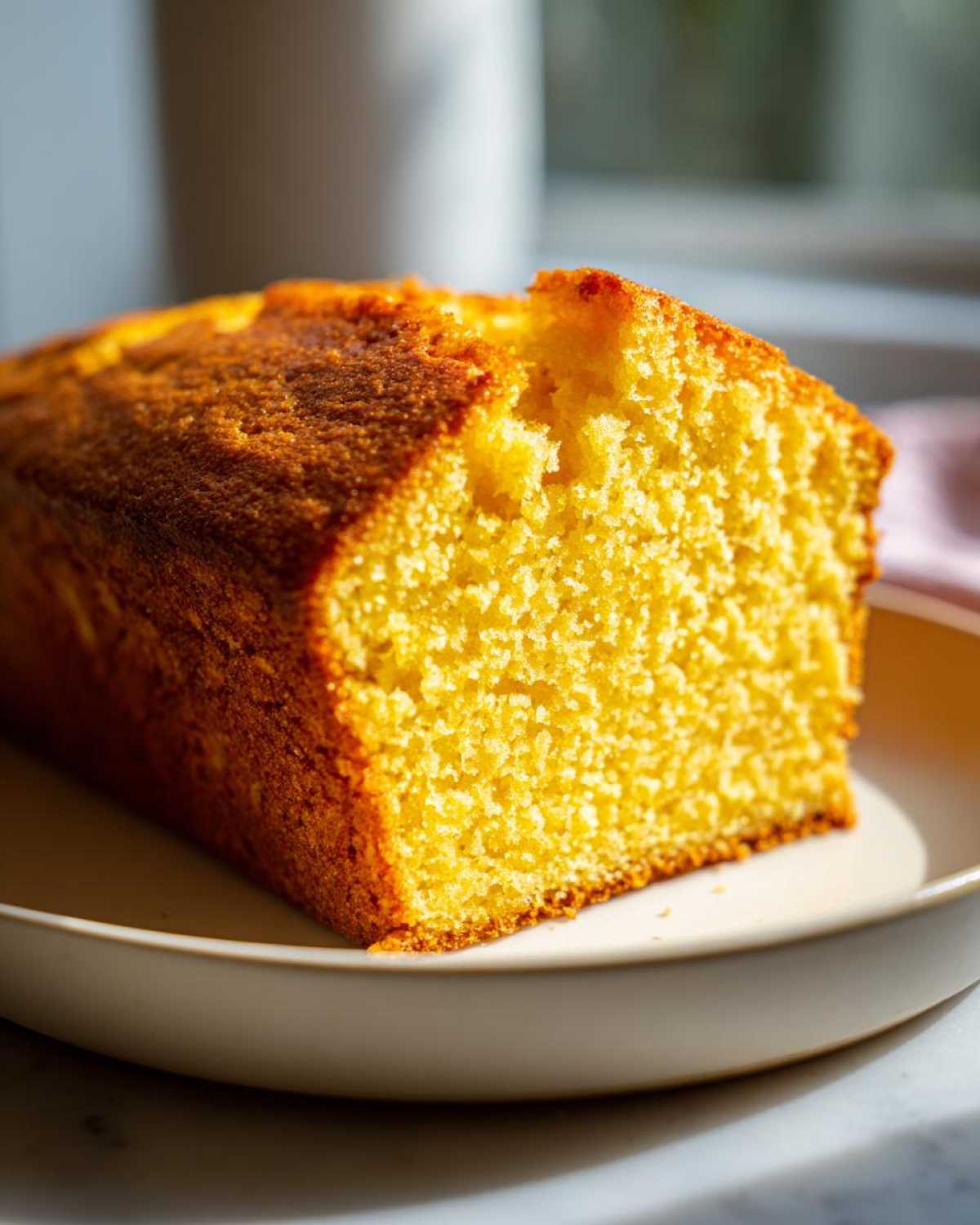 A close-up view of a thick slice of golden yellow sourdough cornbread with a crispy crust, resting on a light plate.