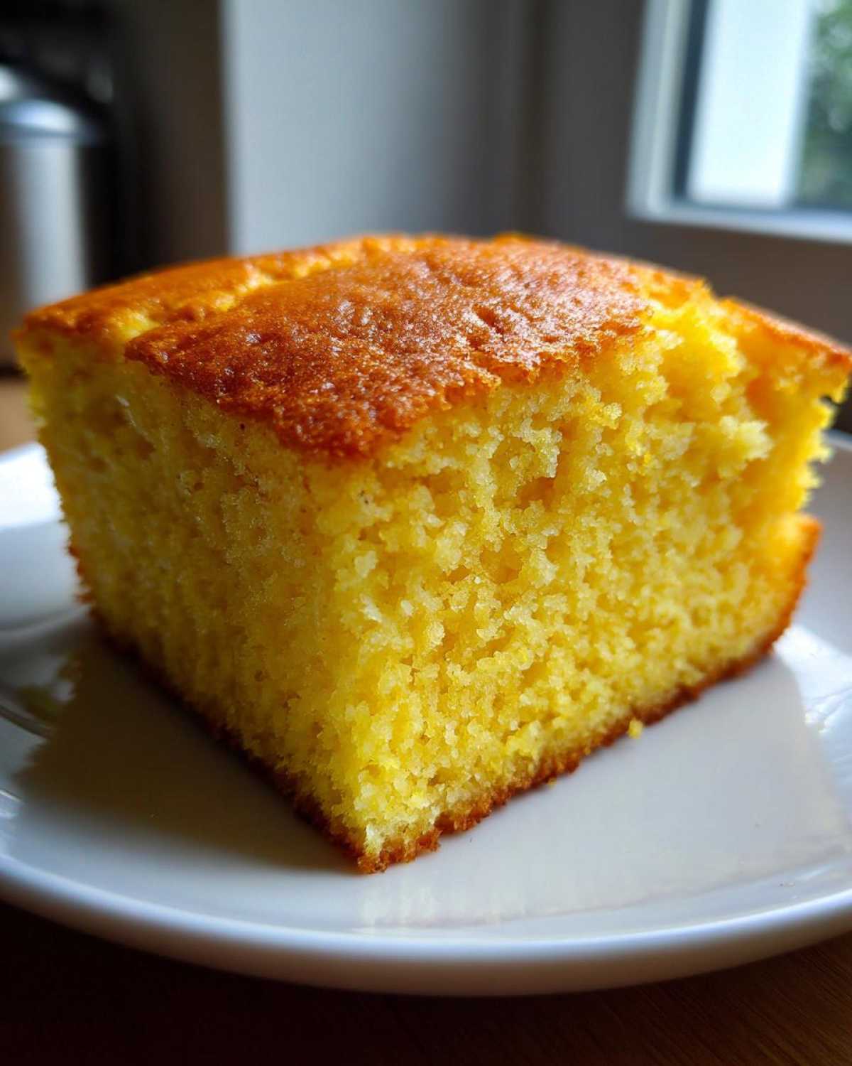 A close-up of a moist, golden slice of sourdough cornbread on a white plate.