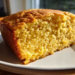 A close-up shot showing the moist crumb texture of a slice of golden sourdough cornbread on a white plate.