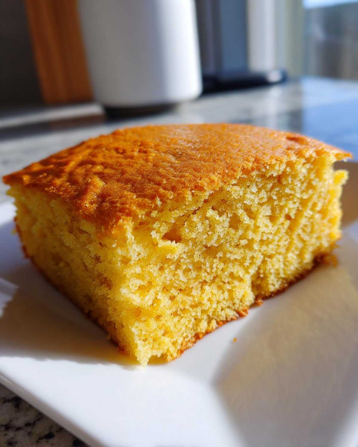 Close-up of a square slice of golden sourdough cornbread resting on a white plate, highlighted by bright sunlight.