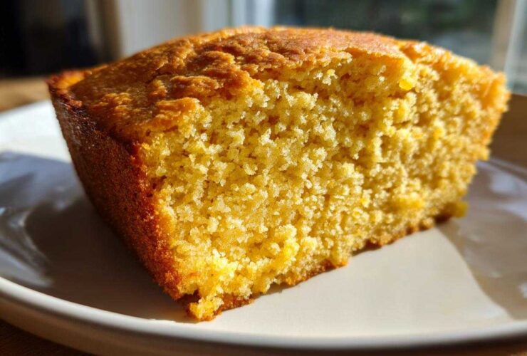 A close-up shot showing the moist crumb texture of a slice of golden sourdough cornbread on a white plate.