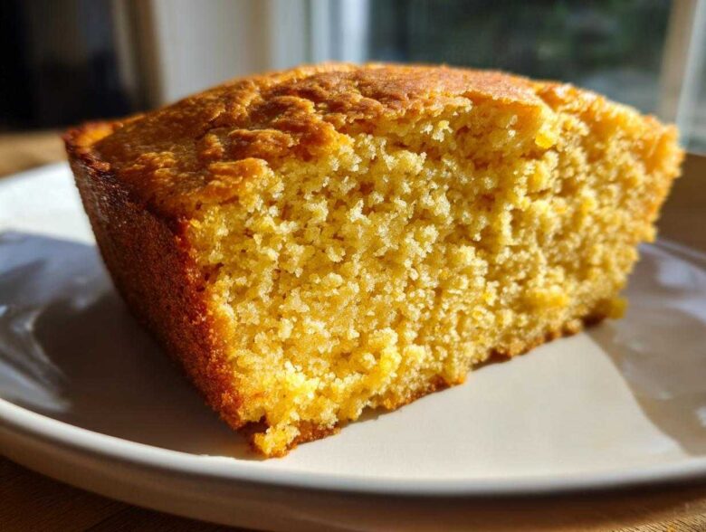 A close-up shot showing the moist crumb texture of a slice of golden sourdough cornbread on a white plate.