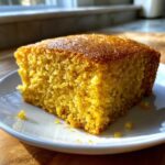 Close-up of a golden, moist slice of sourdough cornbread sitting on a white plate, catching sunlight.