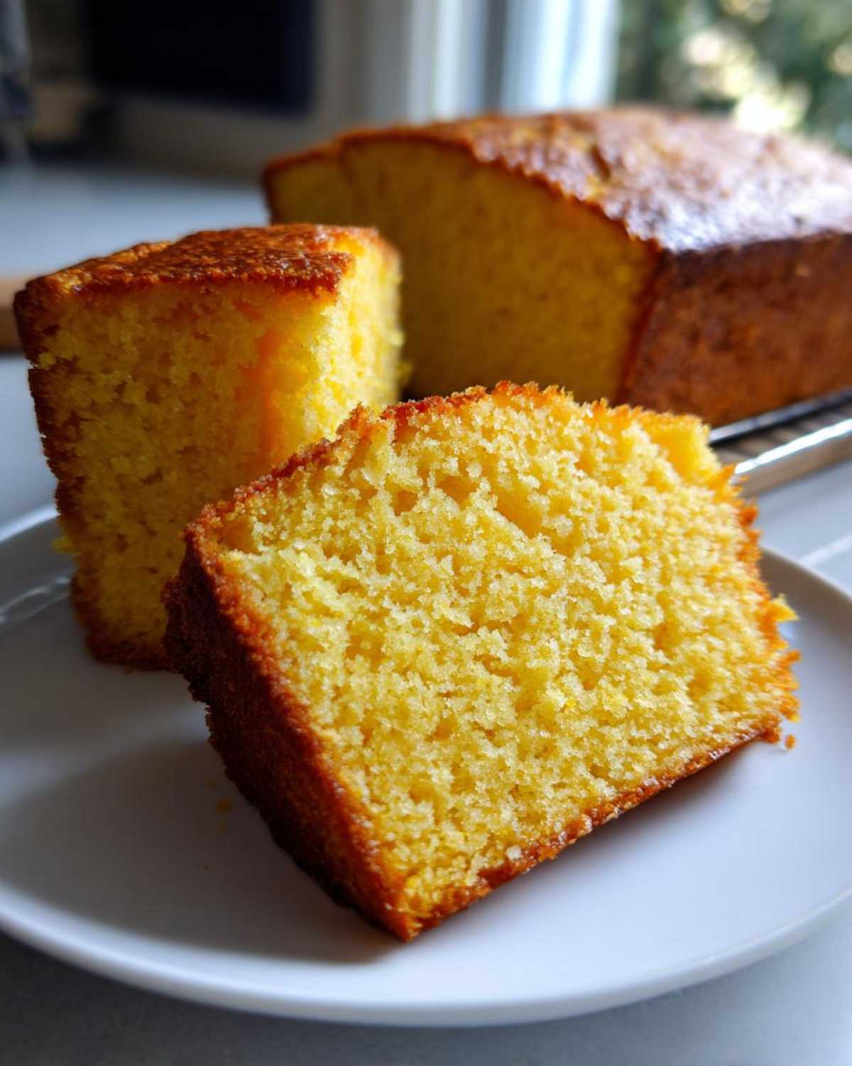 A close-up slice of moist, golden sourdough cornbread resting on a white plate.